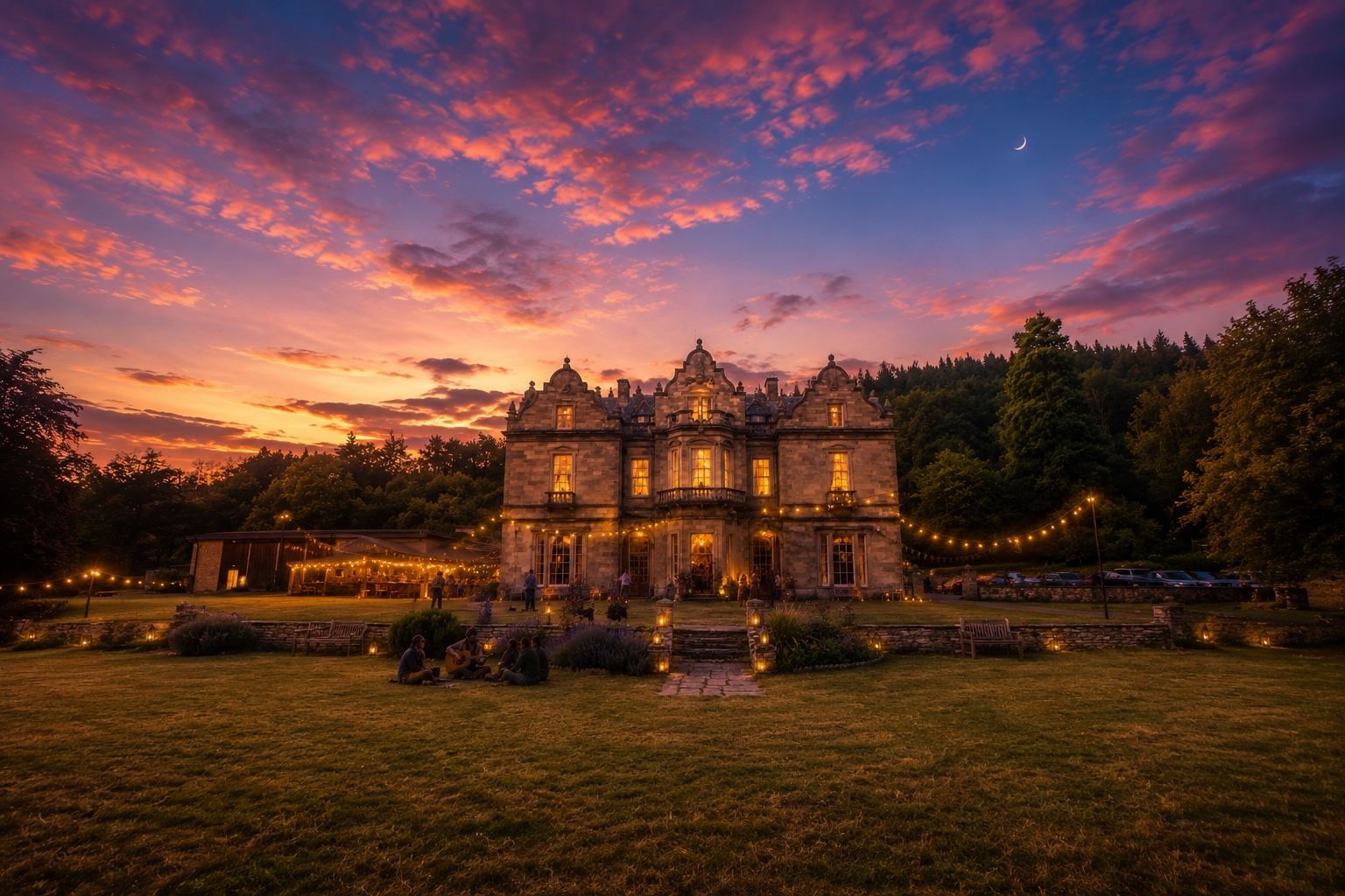 Baskerville Hall at dusk, windows glowing, string lights across the lawn, dramatic pink sunset sky