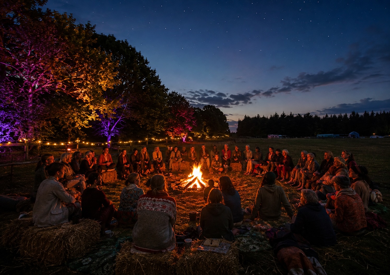 A large circle of people around a bonfire at night under a starry sky