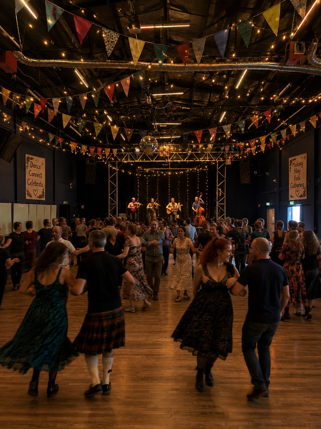 A festival hall strung with bunting and fairy lights, full of dancers mid-ceilidh