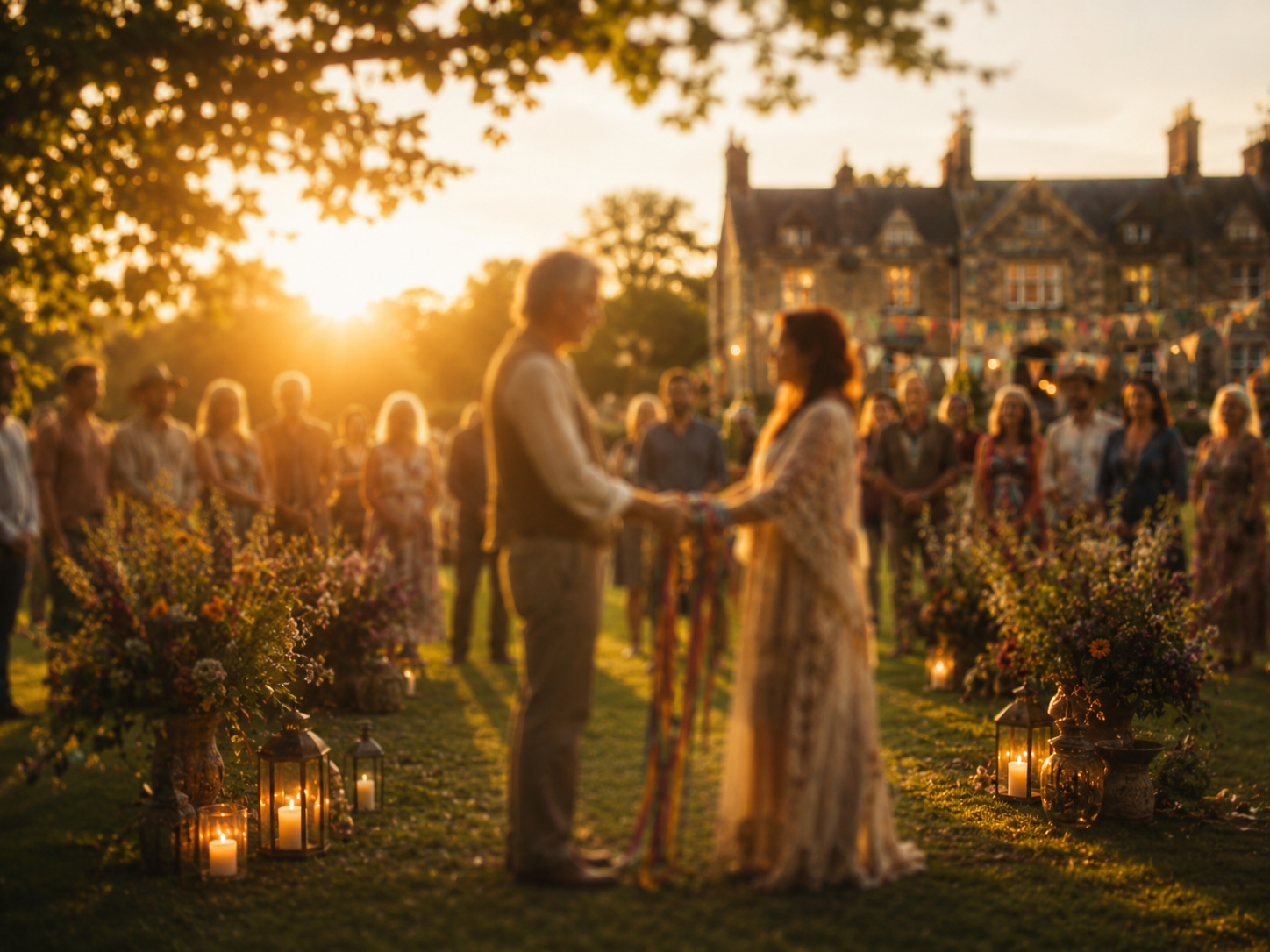 Pete and Lizi holding hands, wrists bound with ribbon, during their handfasting ceremony at golden hour, surrounded by a circle of friends and family with Baskerville Hall in the background