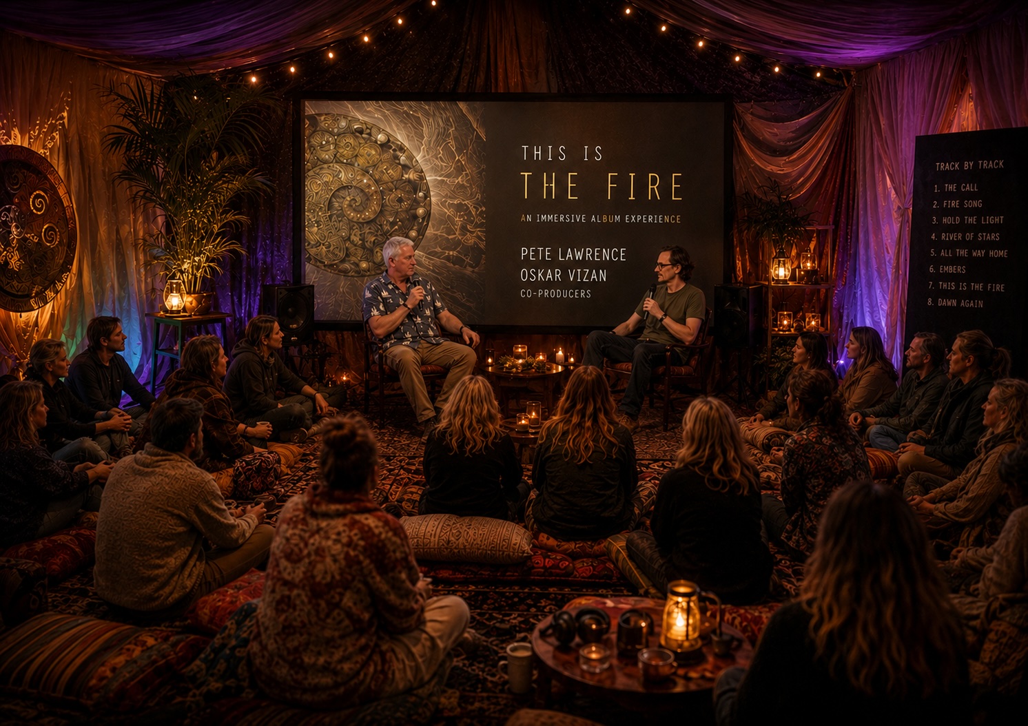 An immersive tent installation for the album This Is The Fire, with Pete Lawrence and Oskar Vizan seated in conversation