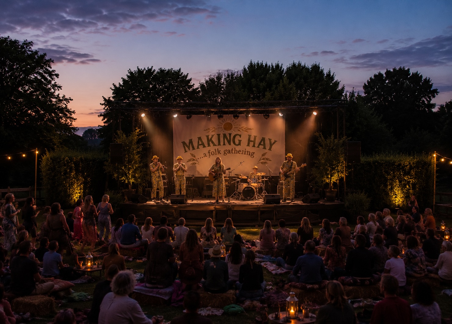 The main stage at dusk, a Making Hay banner behind the band, crowd gathered on the grass