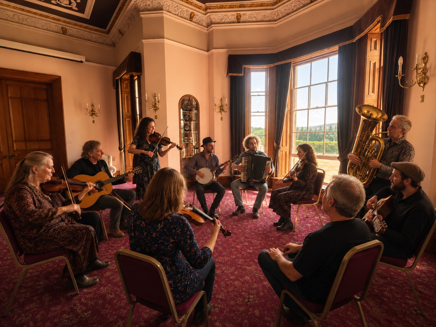 Musicians seated in a circle in an ornate wood-panelled room, playing fiddle, banjo, accordion, guitar and tuba