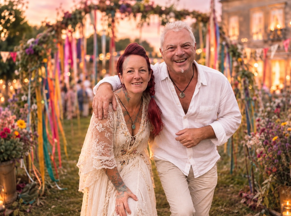 Pete Lawrence and Lizi Sage smiling together at dusk, under a floral and ribbon-strung arch at Baskerville Hall
