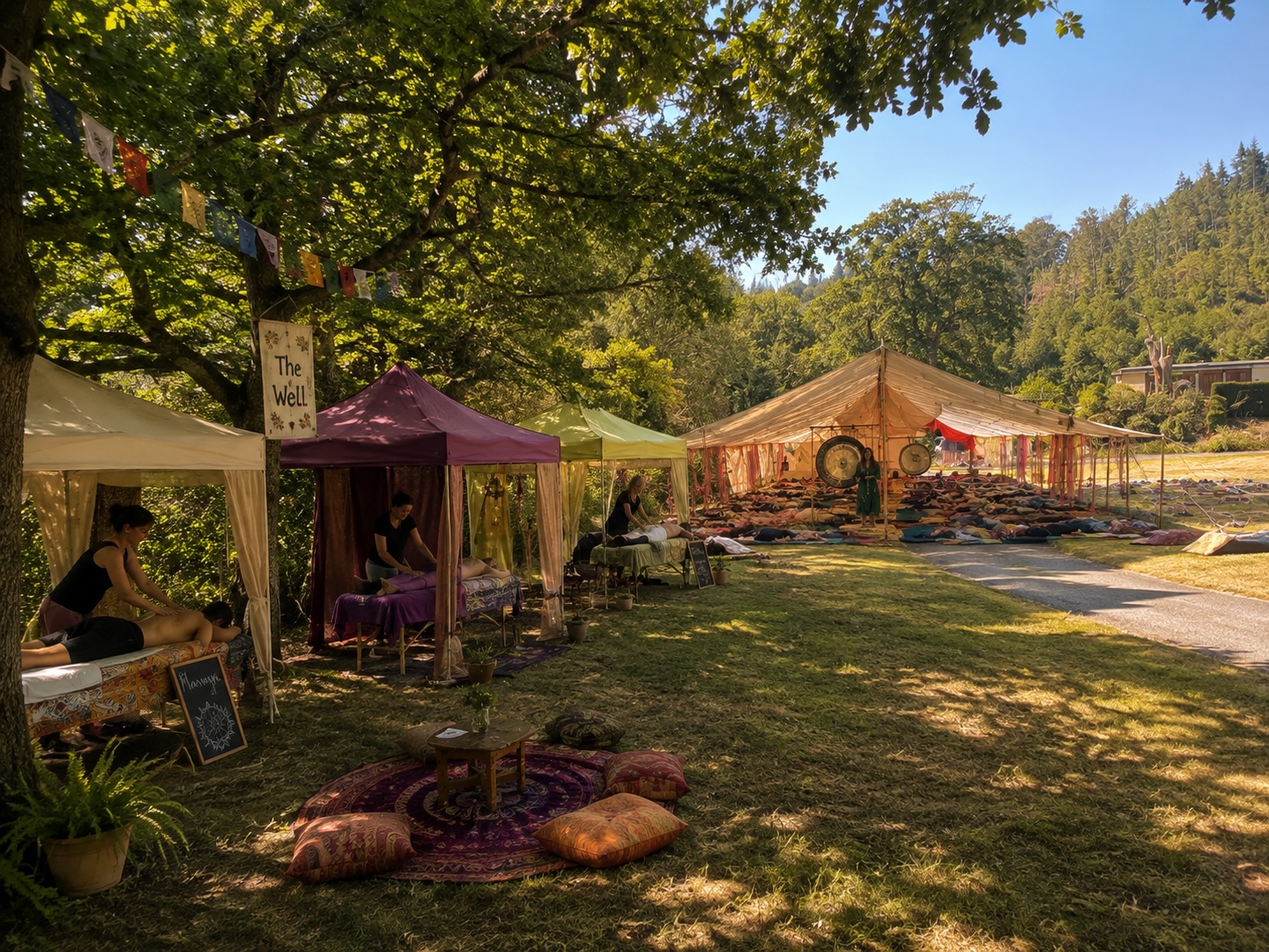 Shaded wellbeing tents on the lawn, with a gong bath session laid out under trees