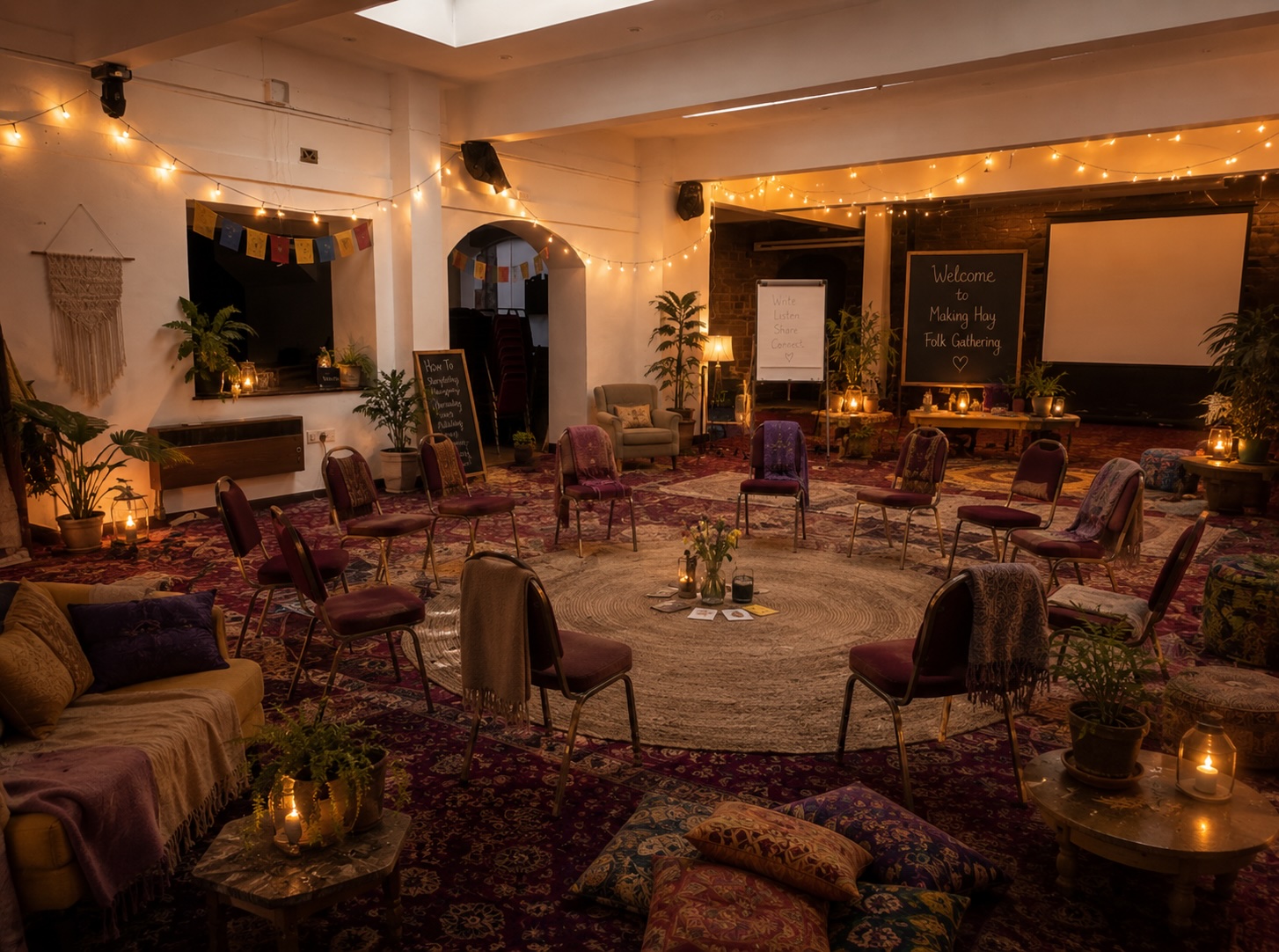 A candlelit circle of chairs and cushions set up for readings and conversation